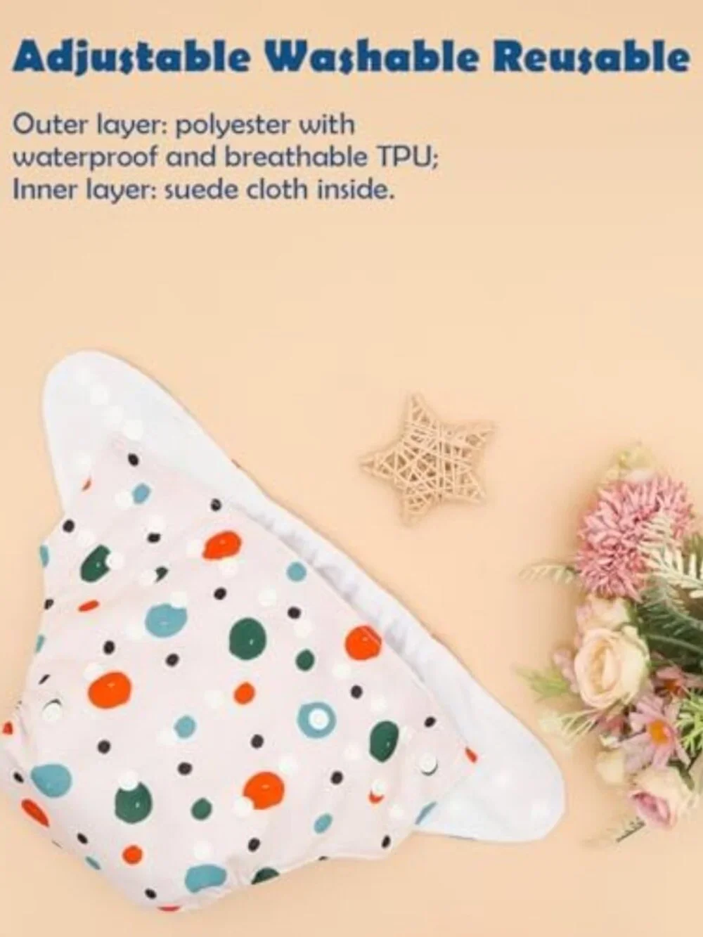 Adjustable Reusable Cloth Diaper Covers Set - 6 Pack with 12 Inserts, Washable